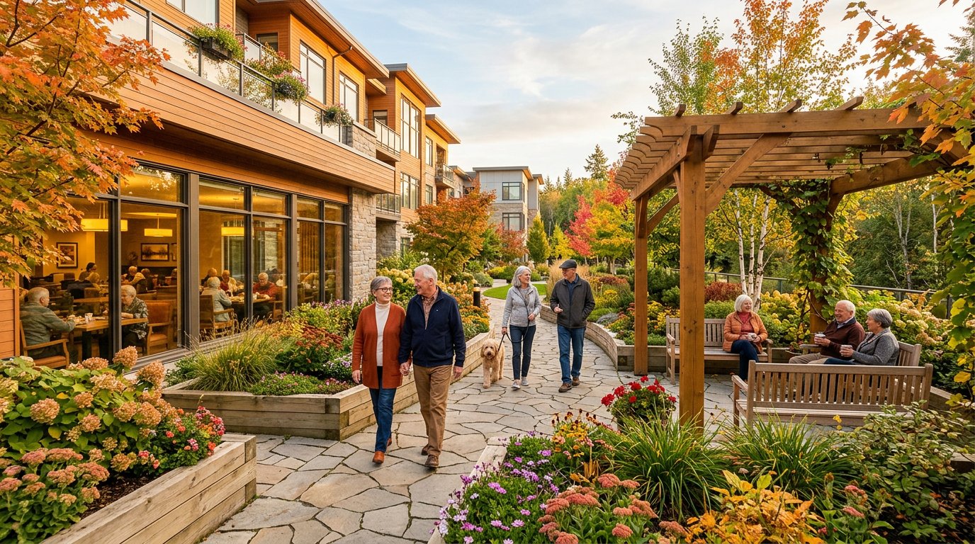 Landscaped senior community courtyard