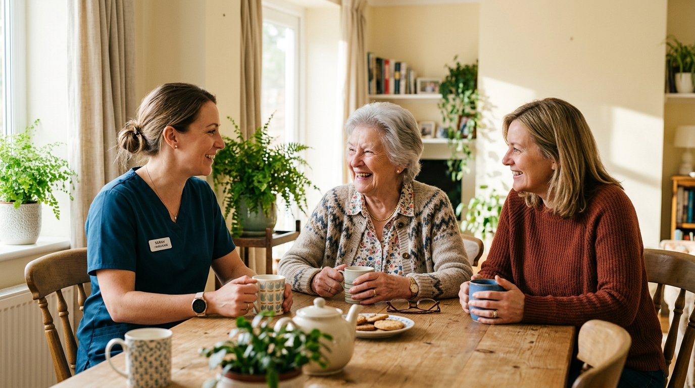 In-home care nurse smiling with older adult and daughter