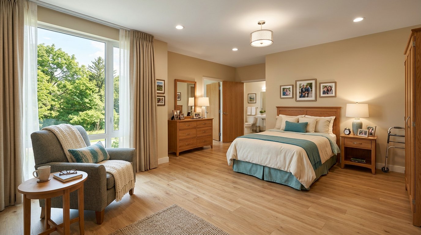 Bright barrier-free senior living suite